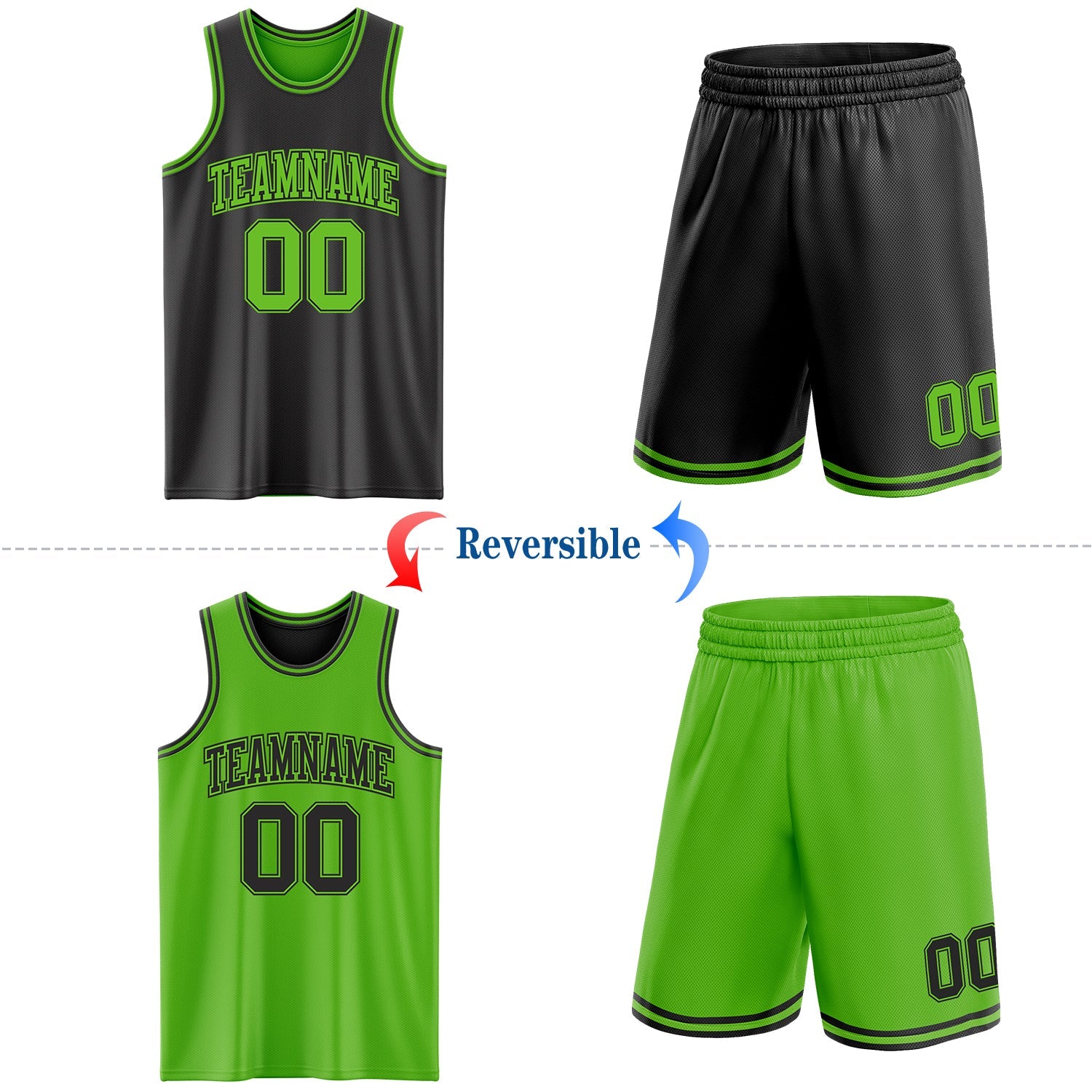 Custom Reversible Black Aurora Green Double Side Sublimation Basketball Set Jersey