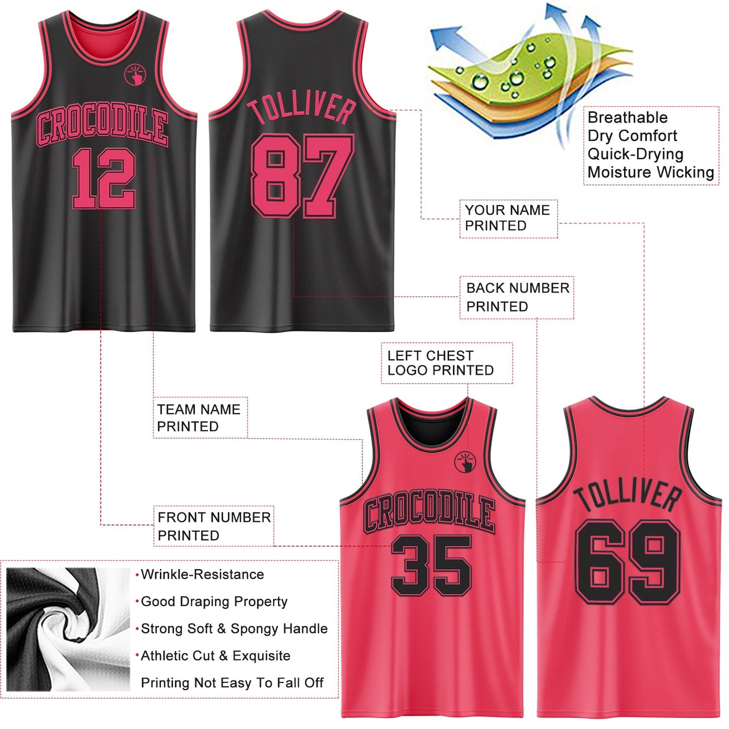 Custom Reversible Black Neon Pink Double Side Sublimation Basketball Set Jersey