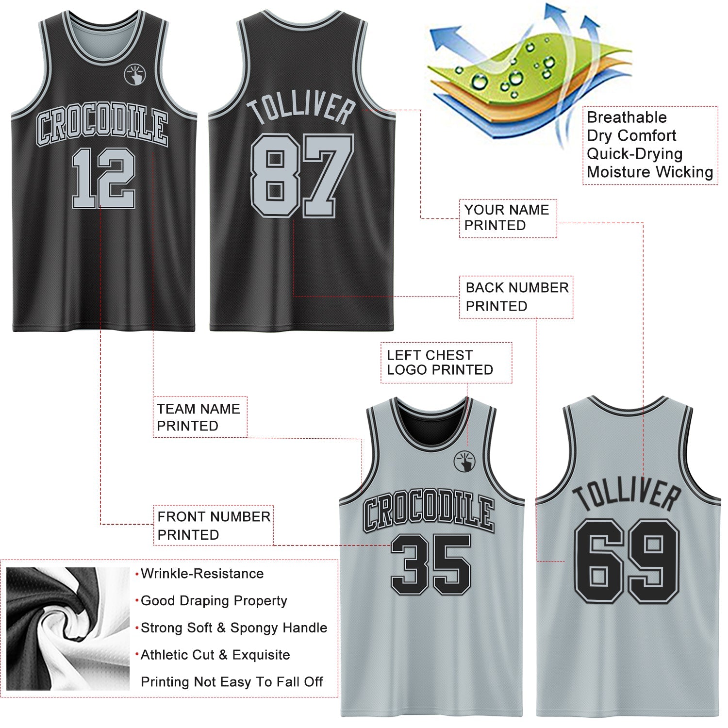 Custom Reversible Black Silver Double Side Sublimation Basketball Set Jersey