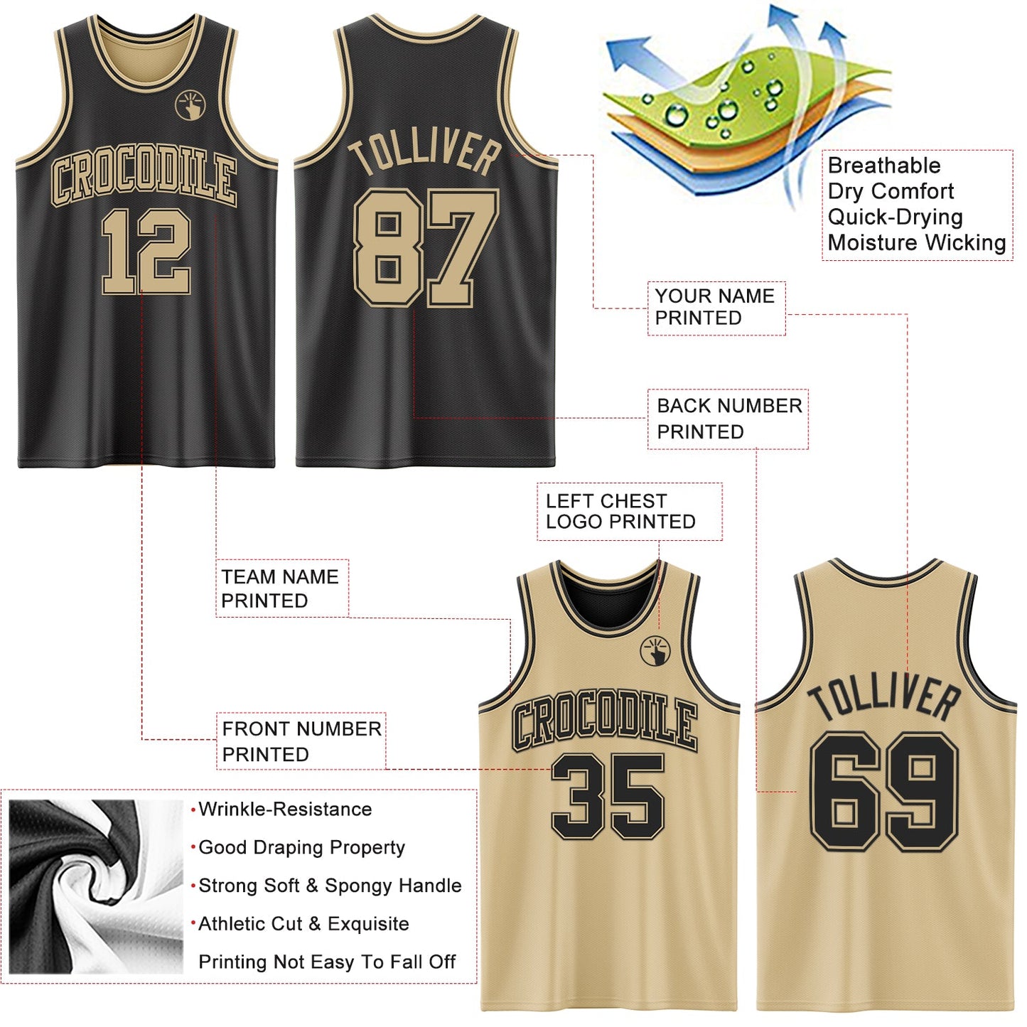 Custom Reversible Black Vegas Gold Double Side Sublimation Basketball Set Jersey