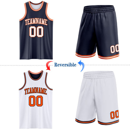 Custom Navy White-Orange Reversible Double Side Sublimation Basketball Set Jersey