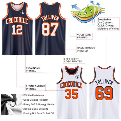 Custom Navy White-Orange Reversible Double Side Sublimation Basketball Set Jersey