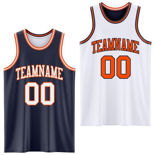 Custom Navy White-Orange Reversible Double Side Sublimation Basketball Set Jersey