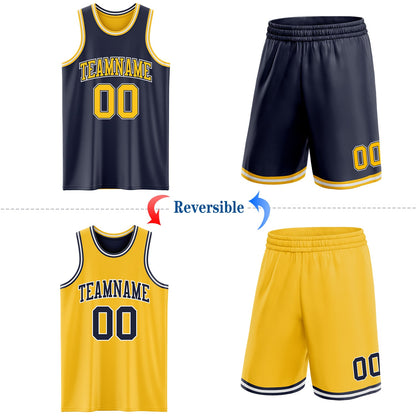 Custom Navy Gold-White Reversible Double Side Sublimation Basketball Set Jersey
