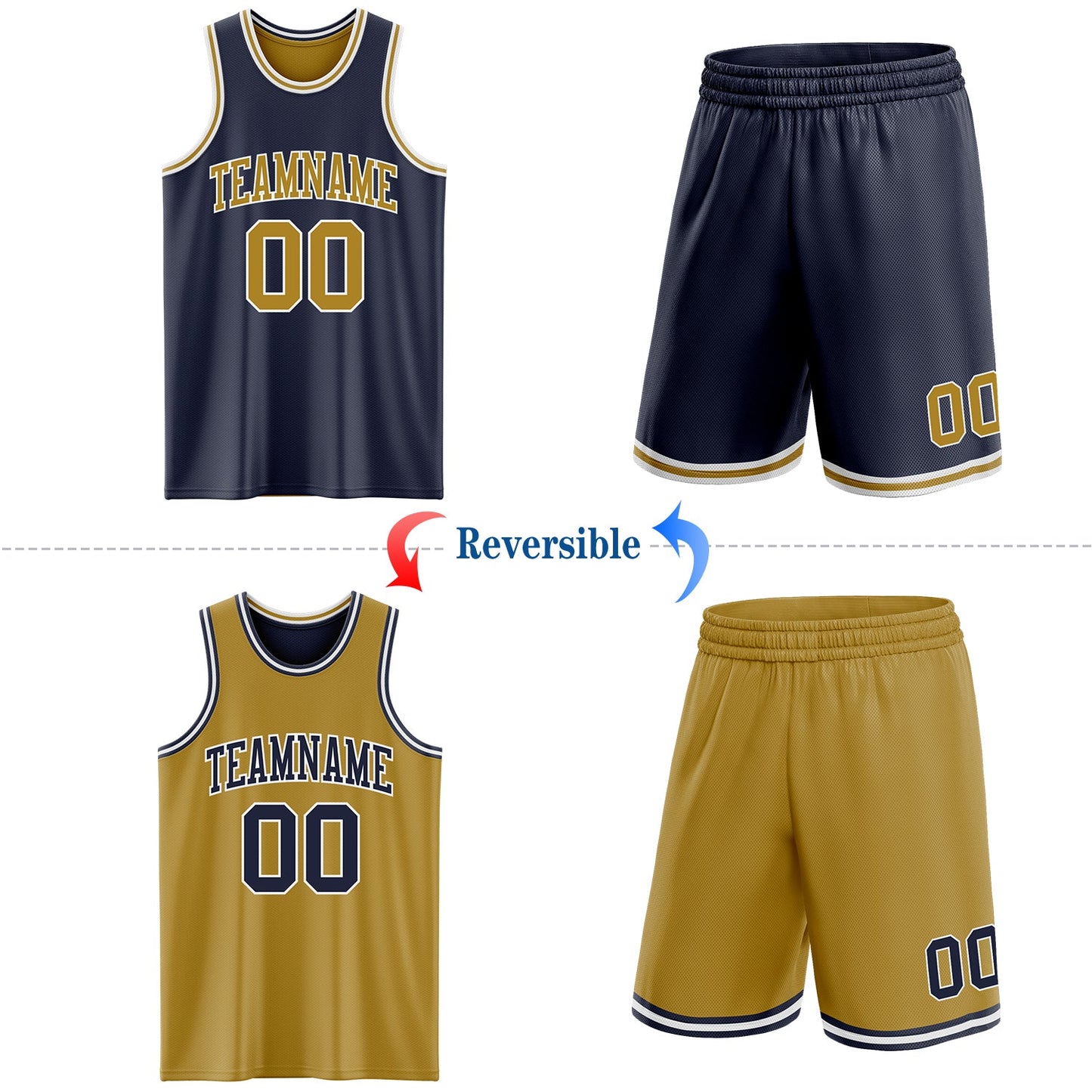 Custom Navy Old Gold-White Reversible Double Side Sublimation Basketball Set Jersey