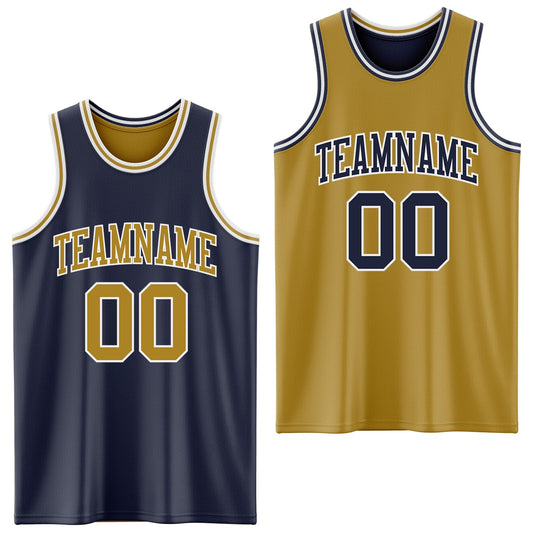 Custom Navy Old Gold-White Reversible Double Side Sublimation Basketball Set Jersey