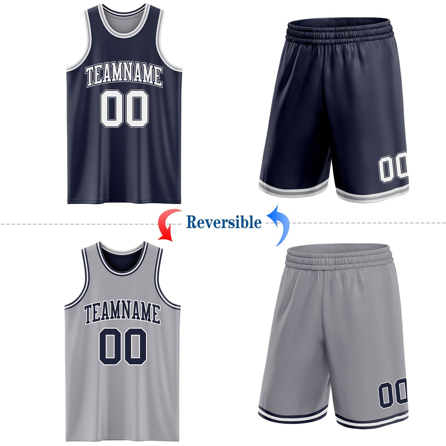 Custom Navy White-Gray Reversible Double Side Sublimation Basketball Set Jersey