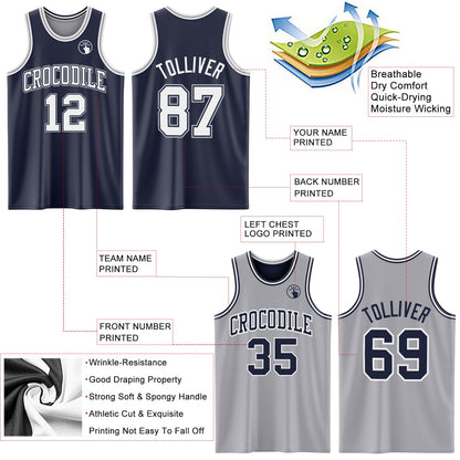 Custom Navy White-Gray Reversible Double Side Sublimation Basketball Set Jersey