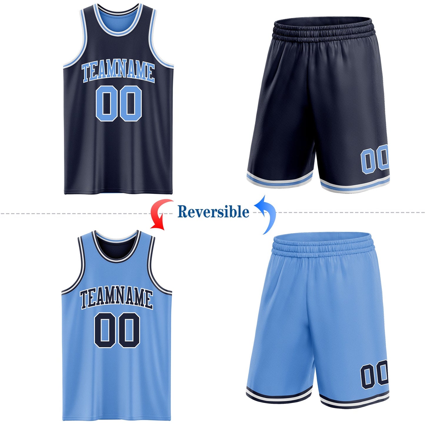Custom Navy Light Blue-White Reversible Double Side Sublimation Basketball Set Jersey