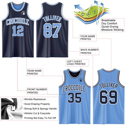 Custom Navy Light Blue-White Reversible Double Side Sublimation Basketball Set Jersey