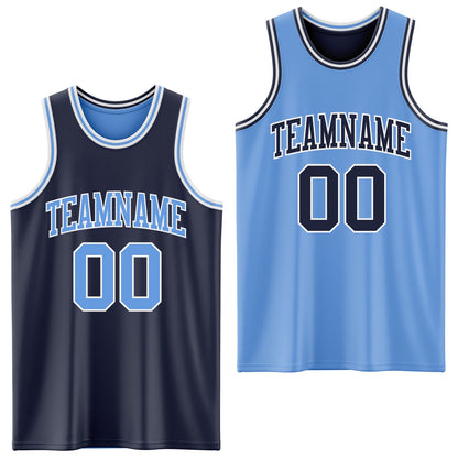 Custom Navy Light Blue-White Reversible Double Side Sublimation Basketball Set Jersey