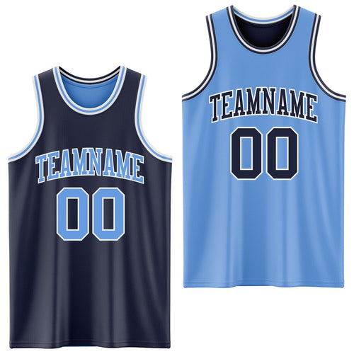 Custom Navy Light Blue-White Reversible Double Side Sublimation Basketball Set Jersey