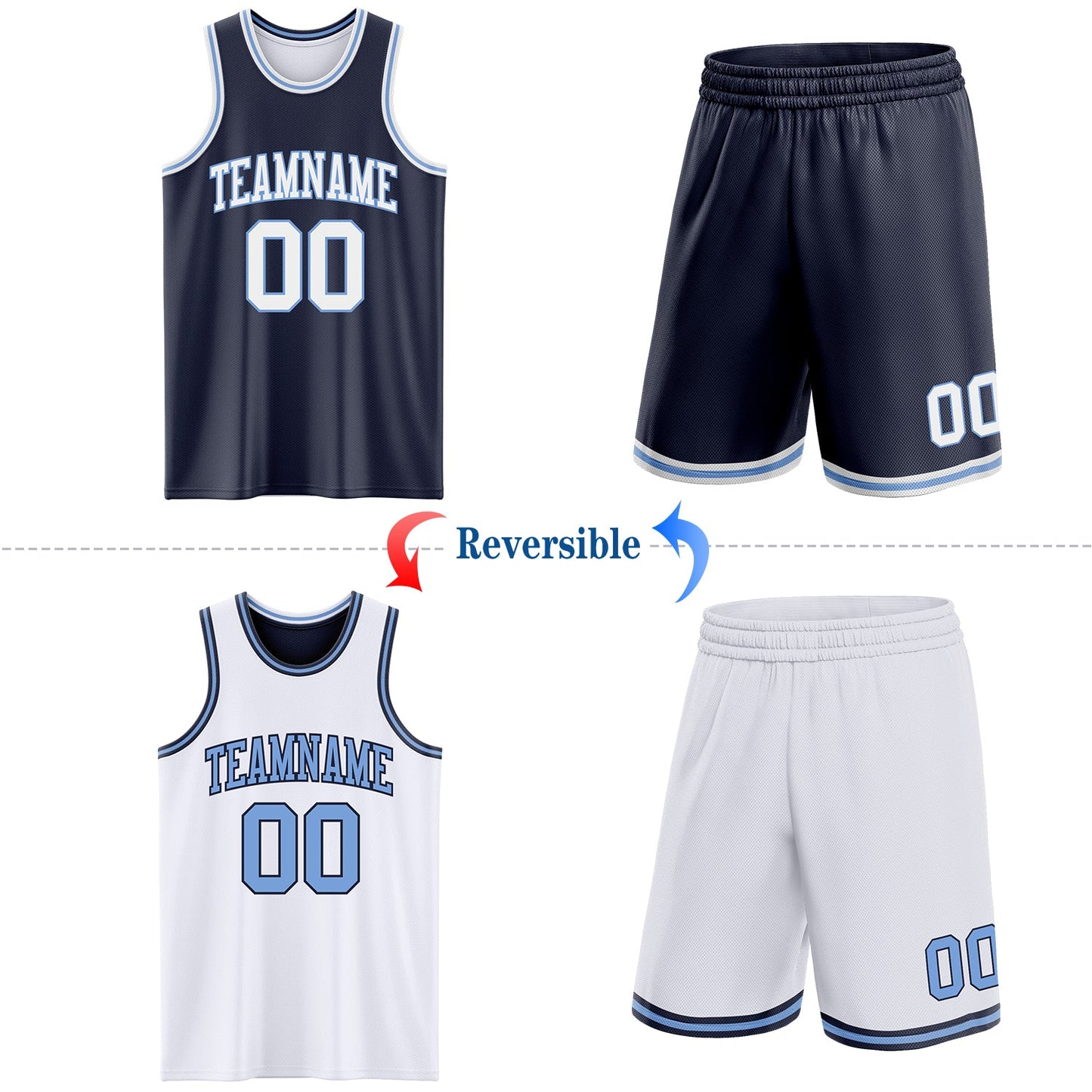 Custom Navy White-Light Blue Reversible Double Side Sublimation Basketball Set Jersey