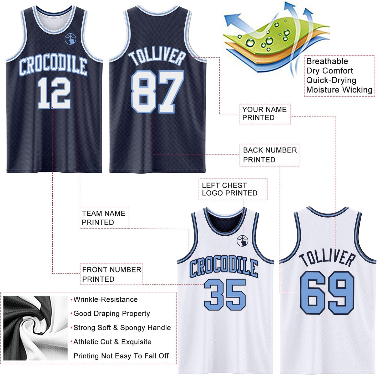 Custom Navy White-Light Blue Reversible Double Side Sublimation Basketball Set Jersey