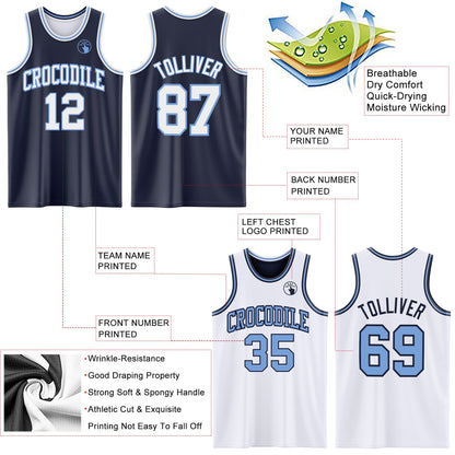 Custom Navy White-Light Blue Reversible Double Side Sublimation Basketball Set Jersey