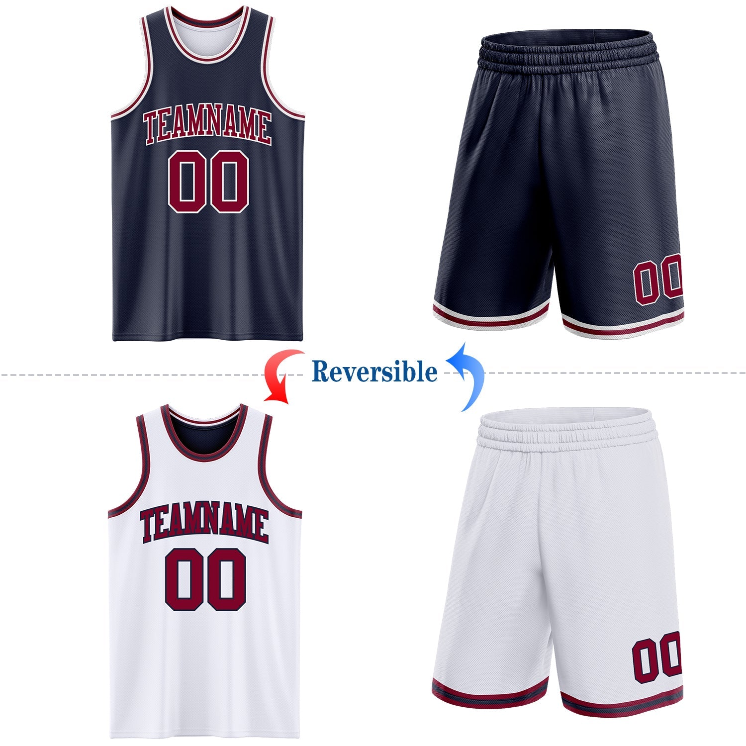 Custom Navy Maroon-White Reversible Double Side Sublimation Basketball Set Jersey