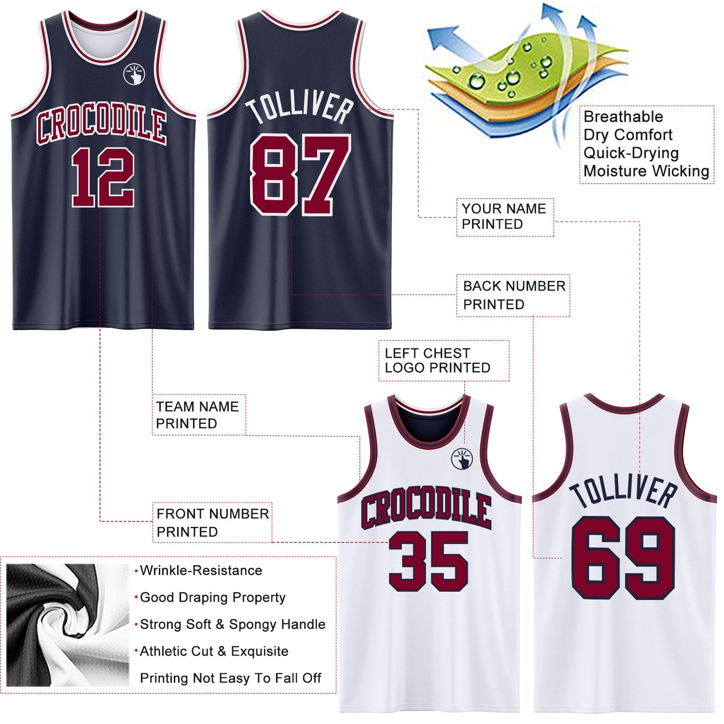 Custom Navy Maroon-White Reversible Double Side Sublimation Basketball Set Jersey