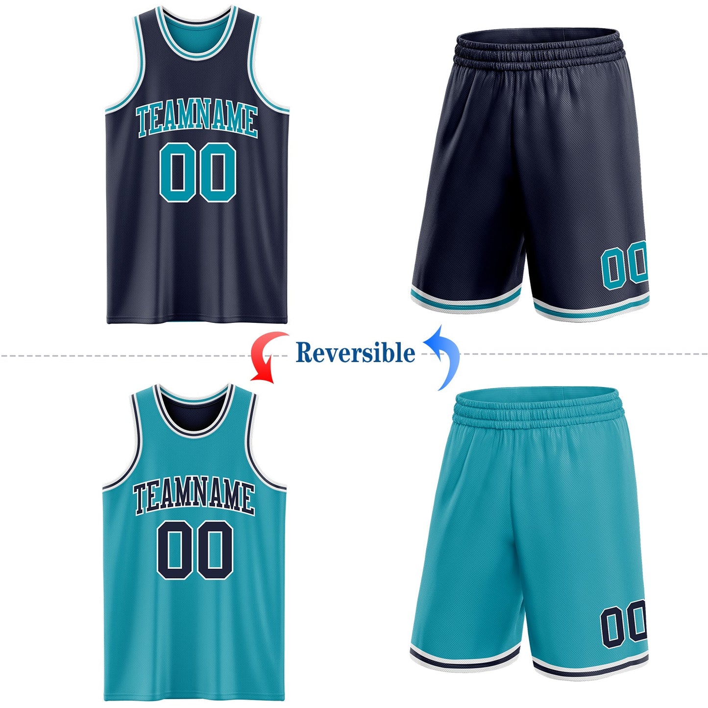 Custom Navy Teal-White Reversible Double Side Sublimation Basketball Set Jersey