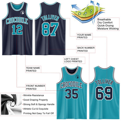 Custom Navy Teal-White Reversible Double Side Sublimation Basketball Set Jersey