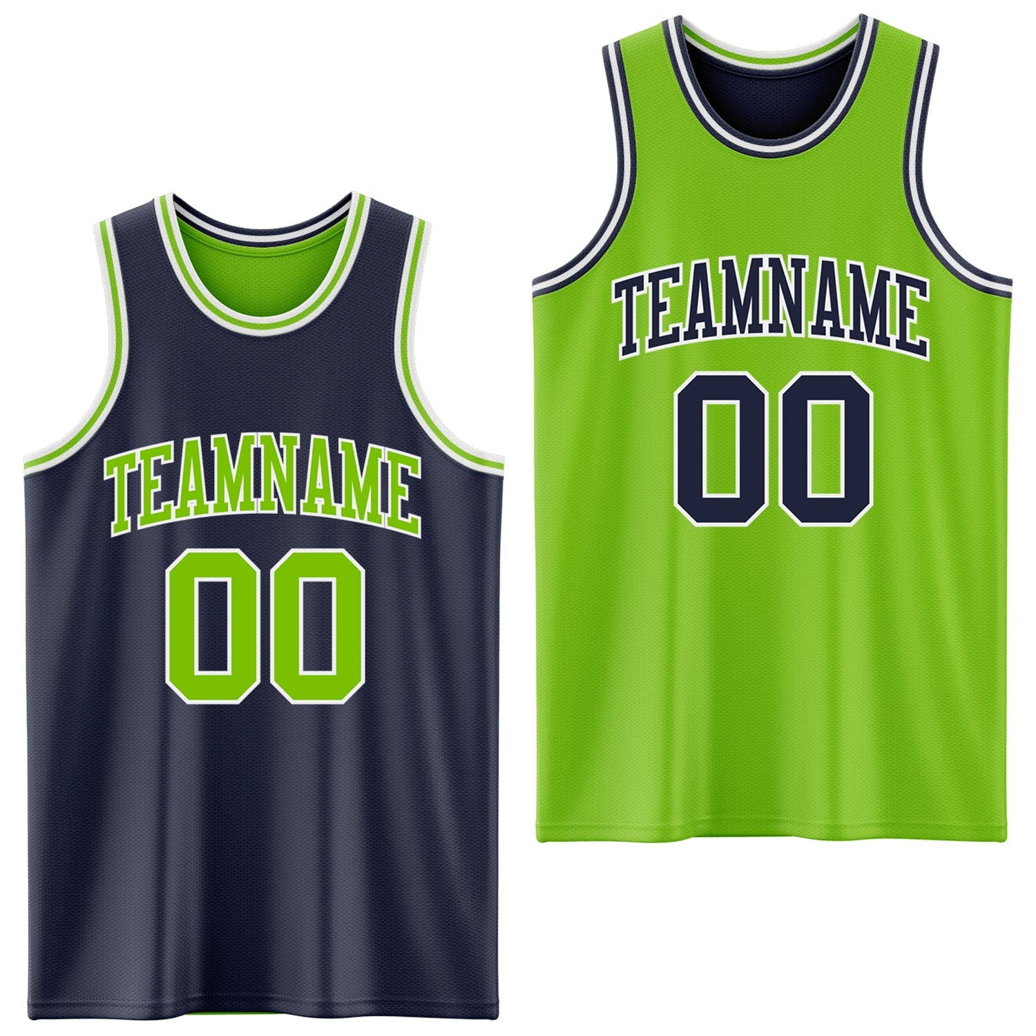 Custom Navy Neon Green-White Reversible Double Side Sublimation Basketball Set Jersey