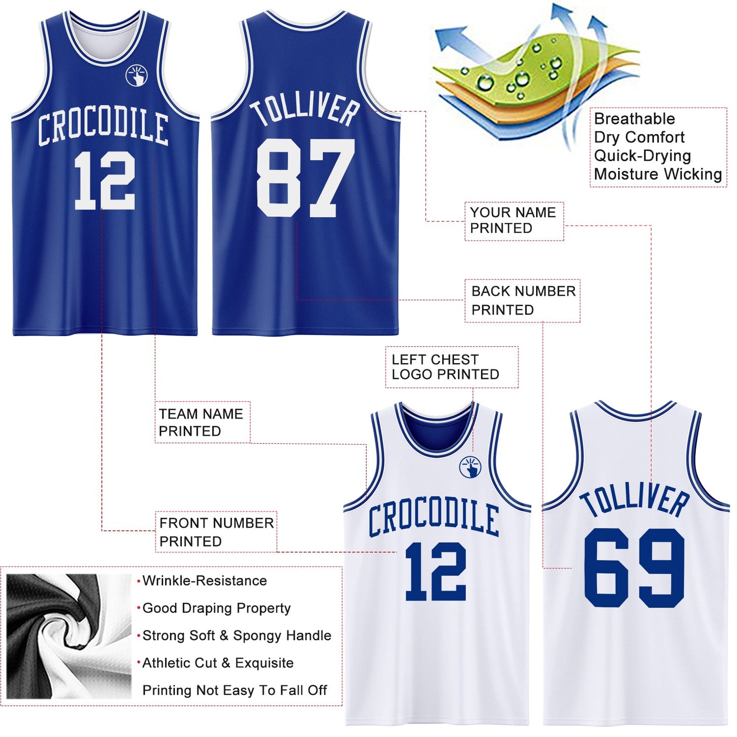 Custom Royal White Reversible Double Side Sublimation Basketball Set Jersey