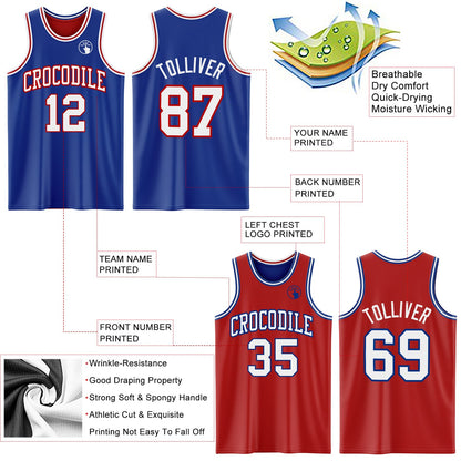Custom Royal White-Red Reversible Double Side Sublimation Basketball Set Jersey