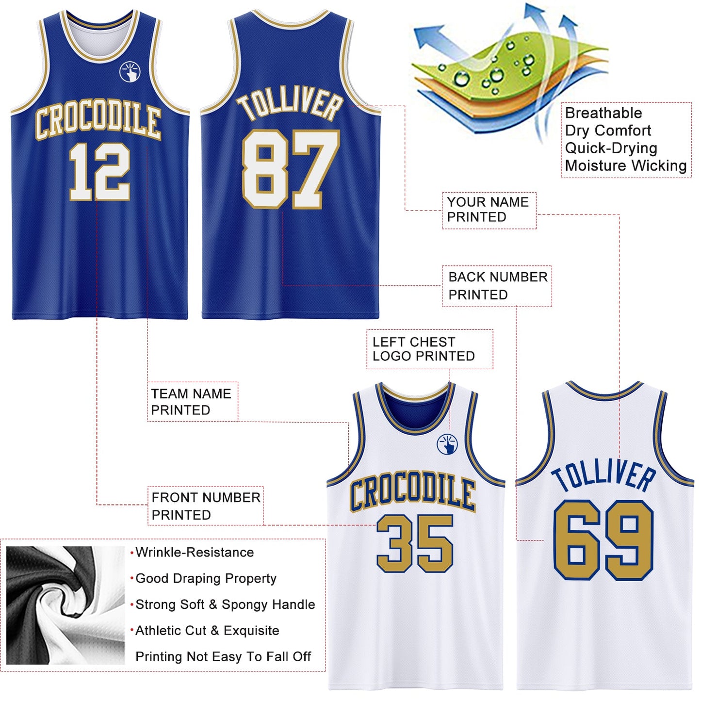Custom Royal White-Old Gold Reversible Double Side Sublimation Basketball Set Jersey