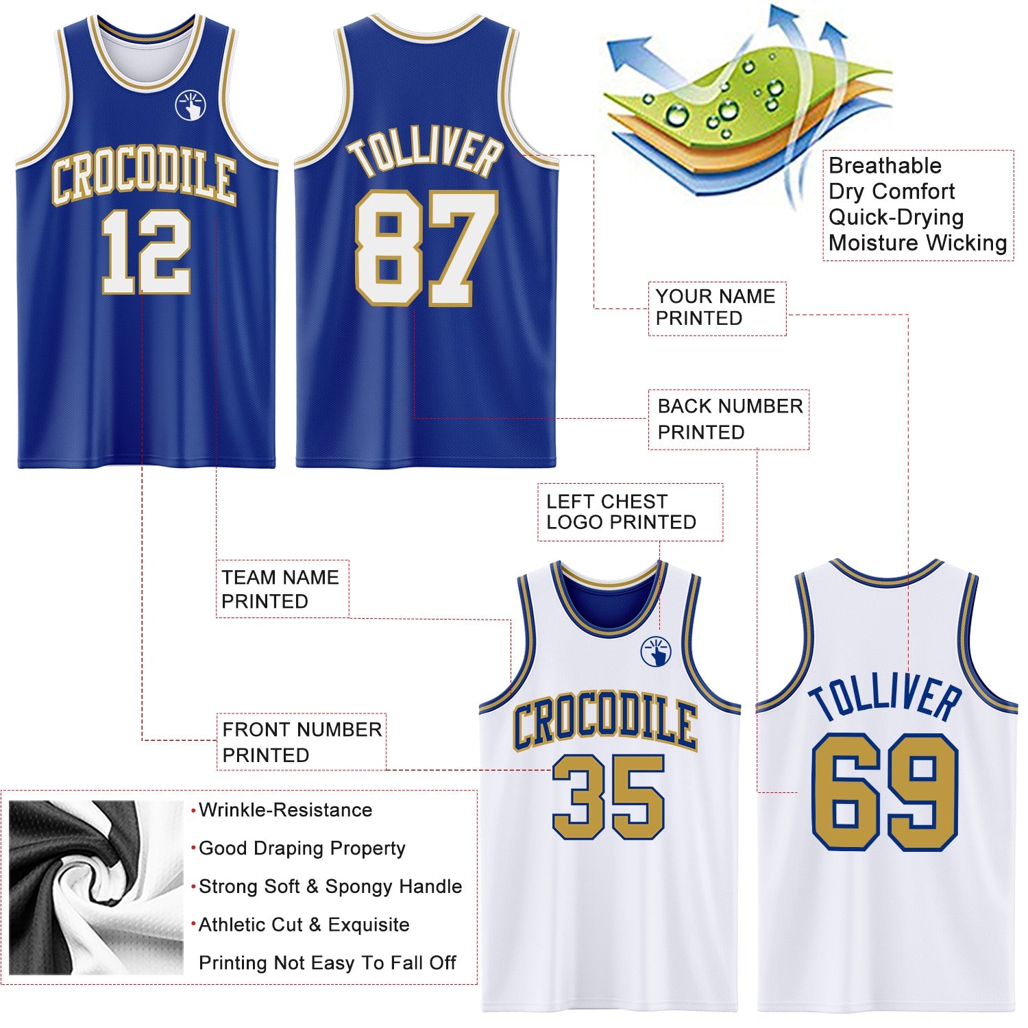 Custom Royal White-Old Gold Reversible Double Side Sublimation Basketball Set Jersey