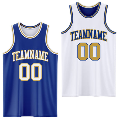 Custom Royal White-Old Gold Reversible Double Side Sublimation Basketball Set Jersey