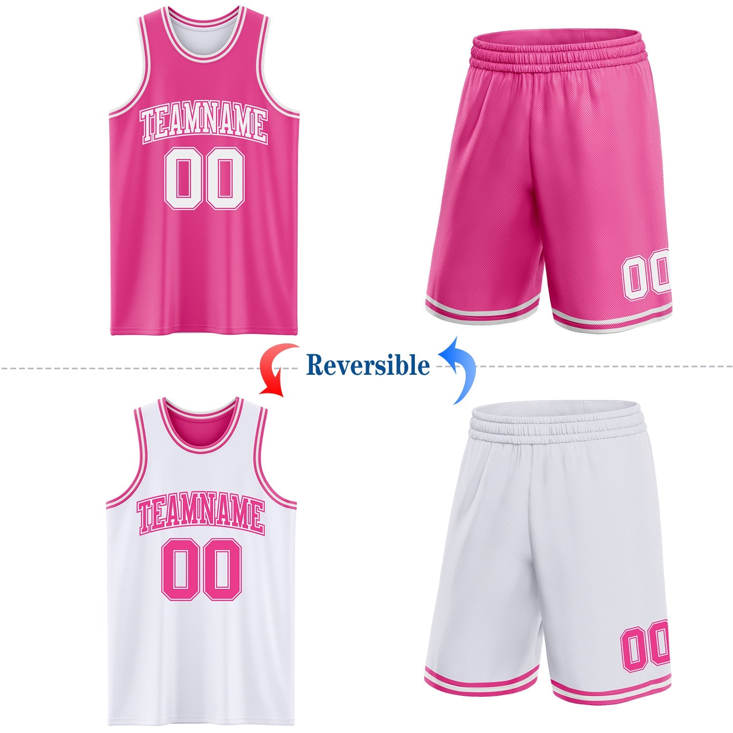 Custom Pink White Reversible Double Side Sublimation Basketball Set Jersey