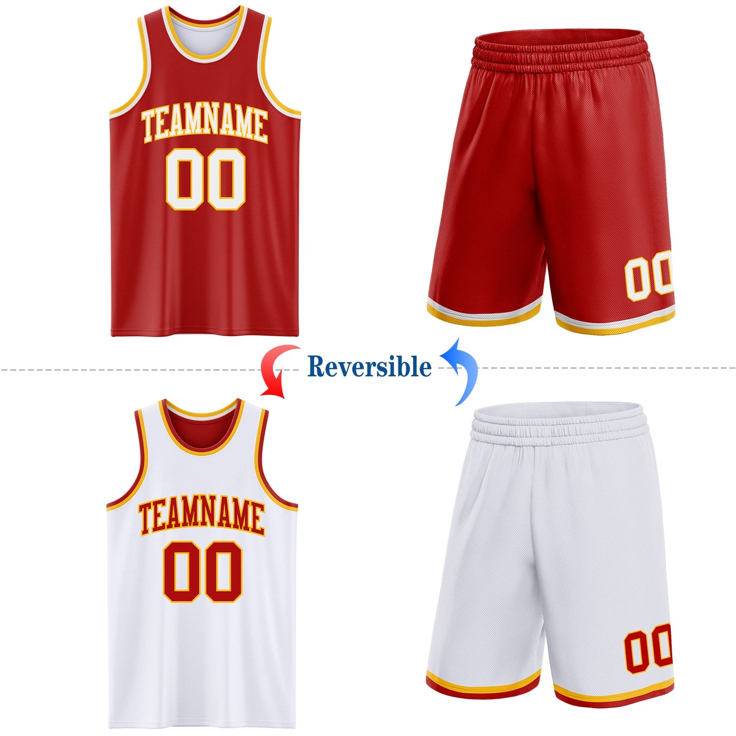 Custom Red White-Gold Reversible Double Side Sublimation Basketball Set Jersey