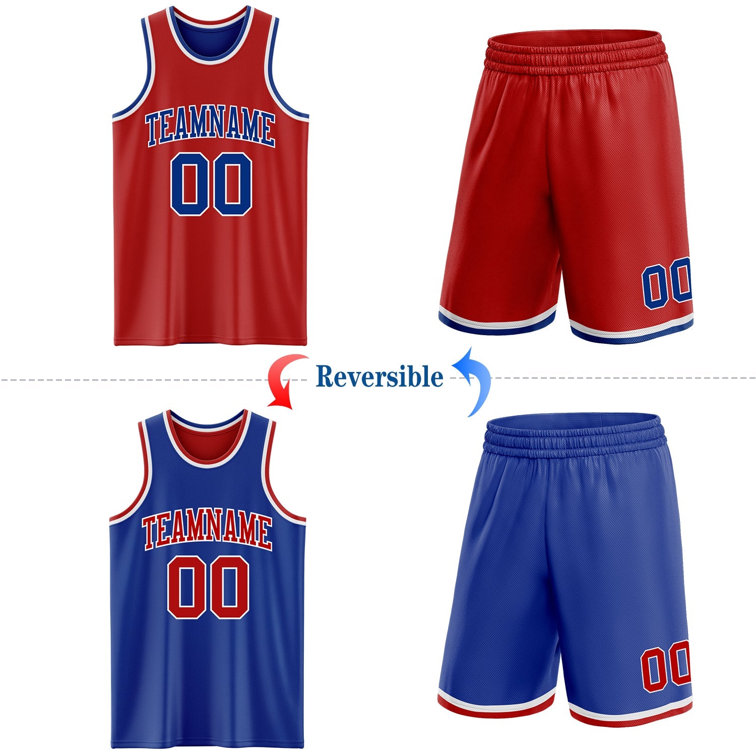 Custom Red Royal-White Reversible Double Side Sublimation Basketball Set Jersey