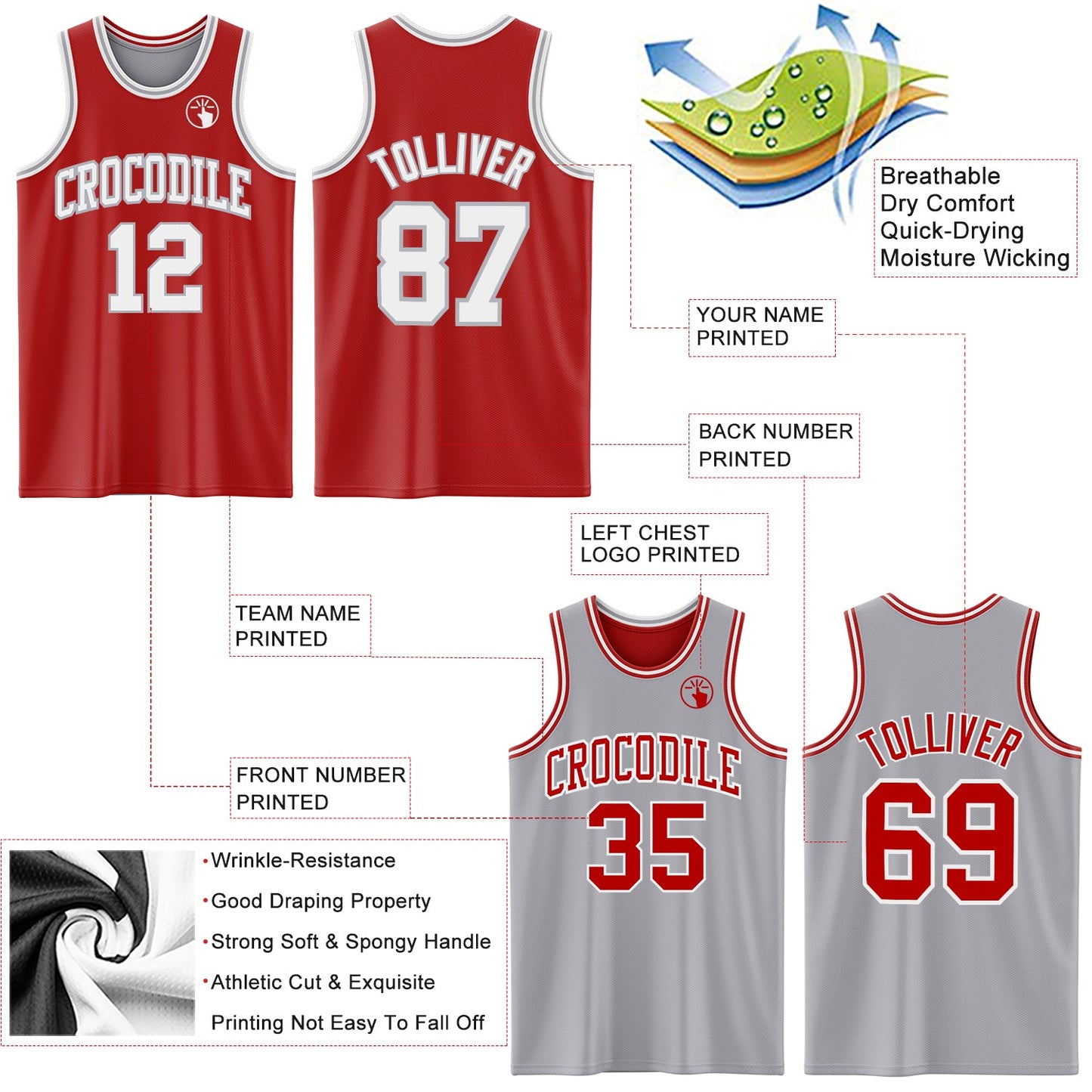 Custom Red White-Gray Reversible Double Side Sublimation Basketball Set Jersey
