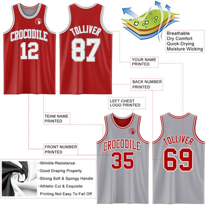 Custom Red White-Gray Reversible Double Side Sublimation Basketball Set Jersey