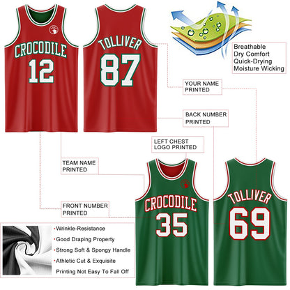 Custom Red White-Kelly Green Reversible Double Side Sublimation Basketball Set Jersey