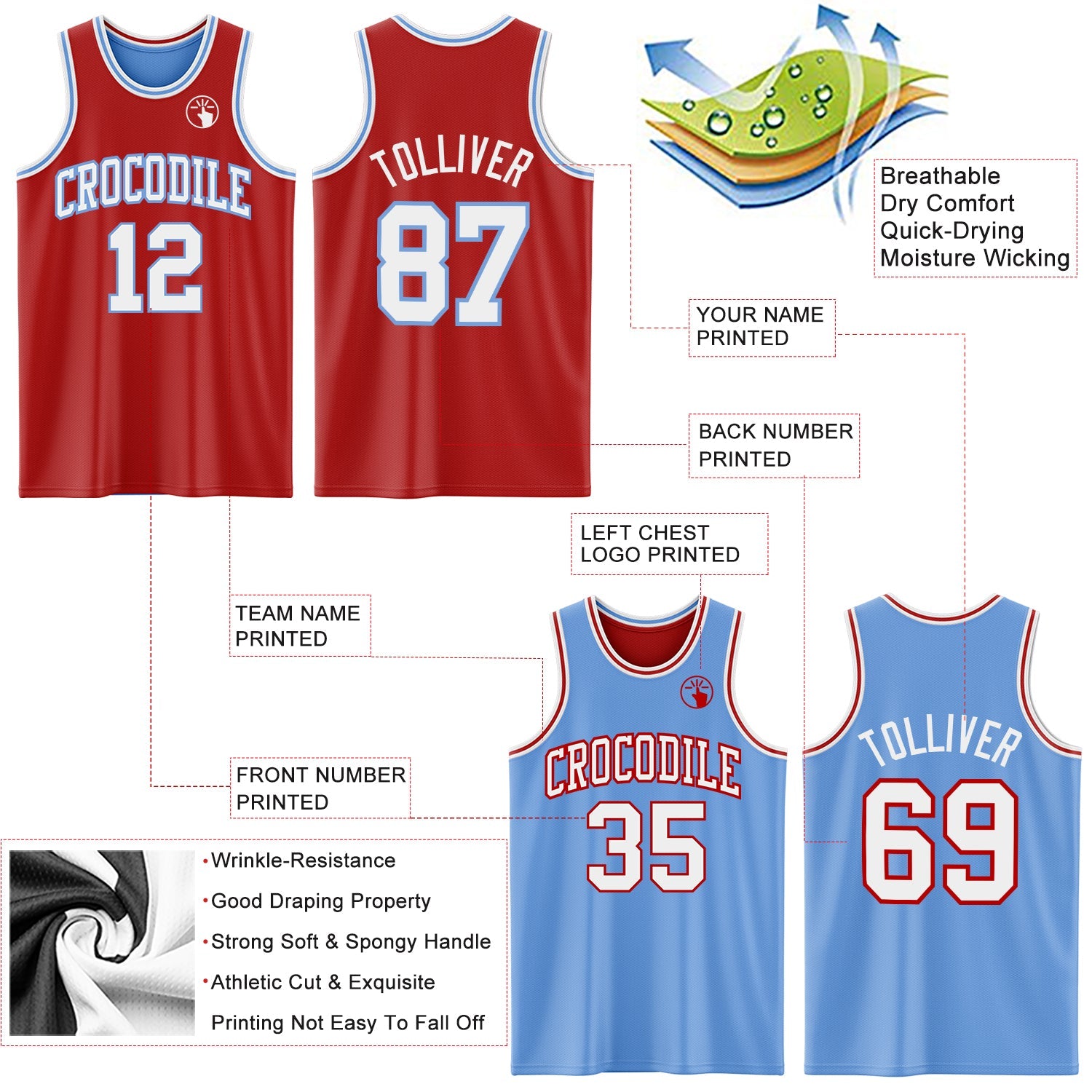 Custom Red White-Light Blue Reversible Double Side Sublimation Basketball Set Jersey