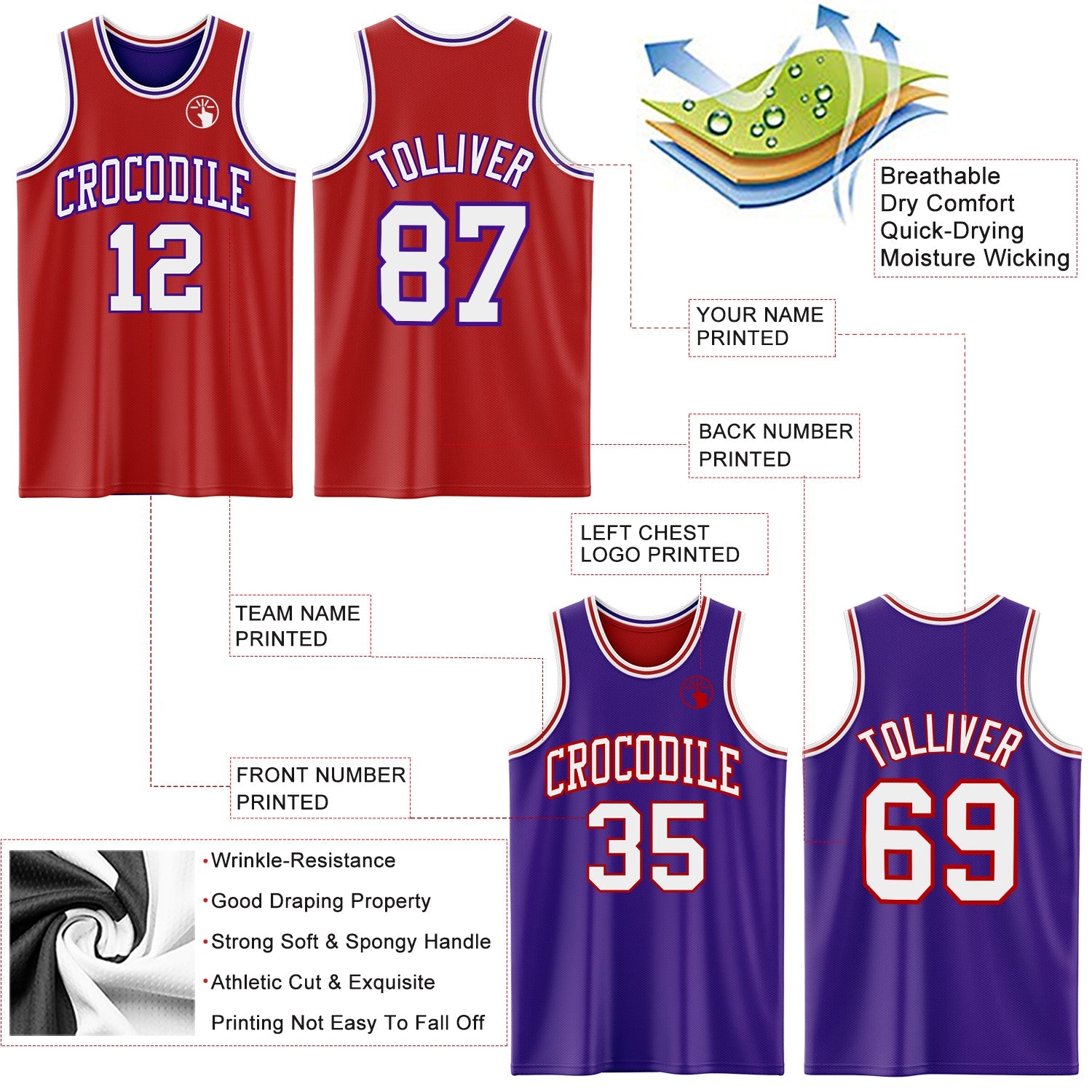 Custom Red White-Purple Reversible Double Side Sublimation Basketball Set Jersey