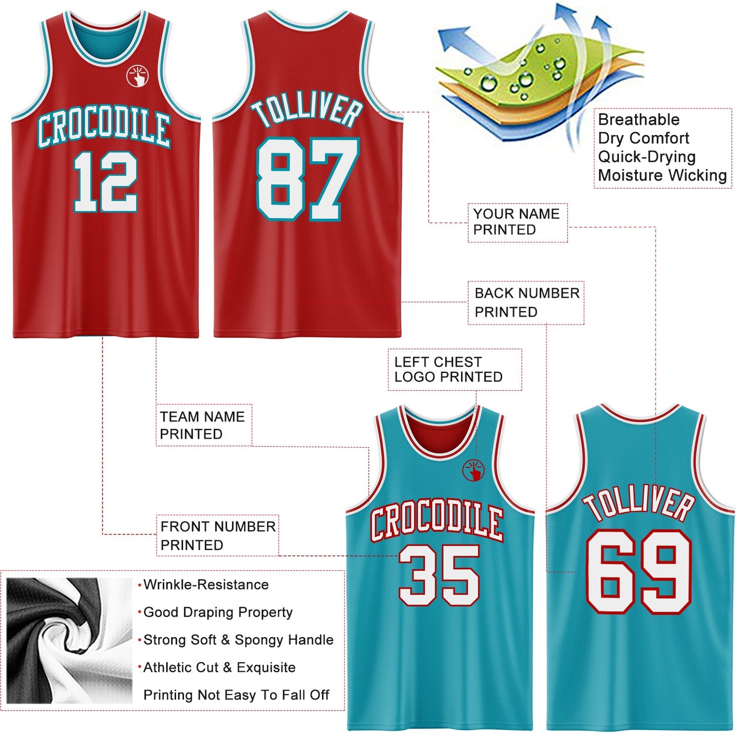 Custom Red White-Teal Reversible Double Side Sublimation Basketball Set Jersey