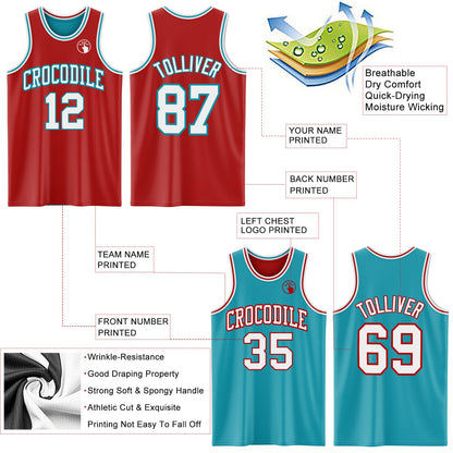 Custom Red White-Teal Reversible Double Side Sublimation Basketball Set Jersey