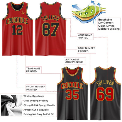 Custom Red Black-Old Gold Reversible Double Side Sublimation Basketball Set Jersey