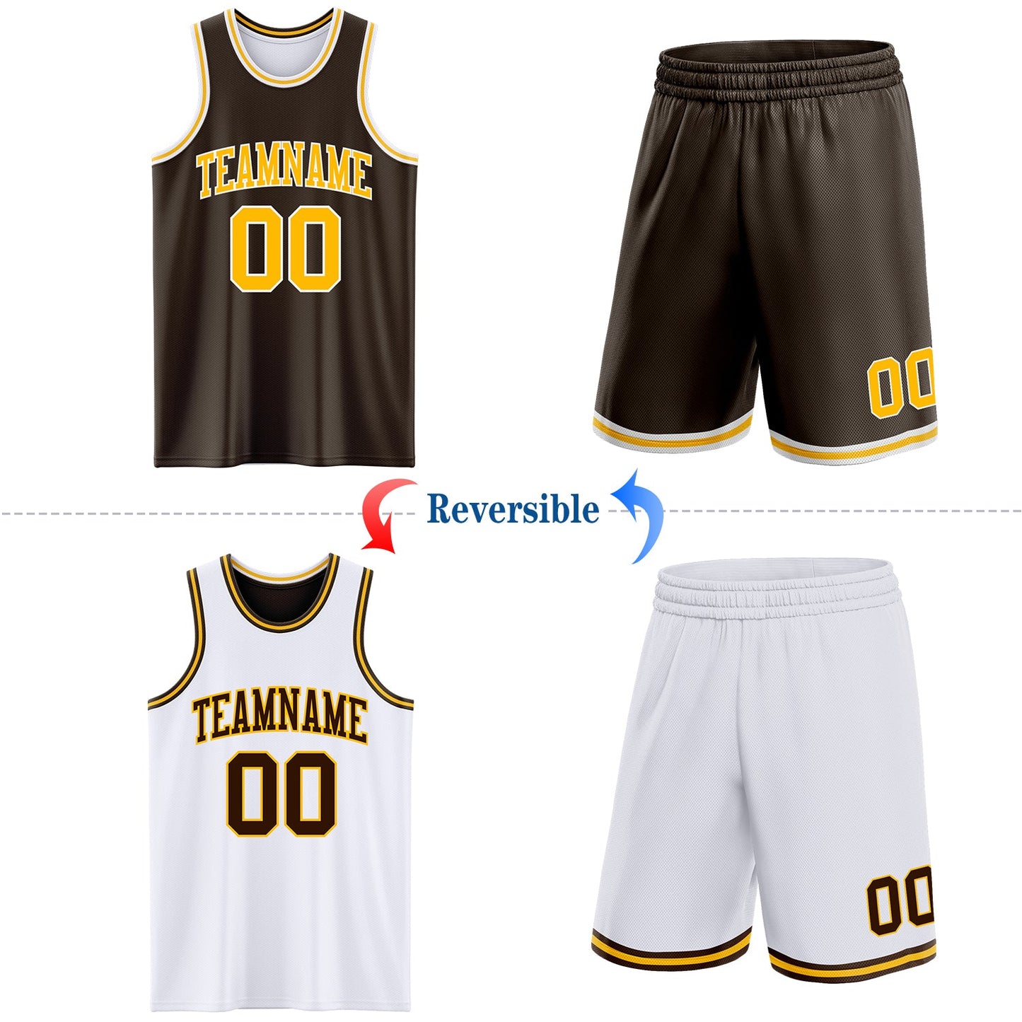 Custom Brown Gold-White Reversible Double Side Sublimation Basketball Set Jersey