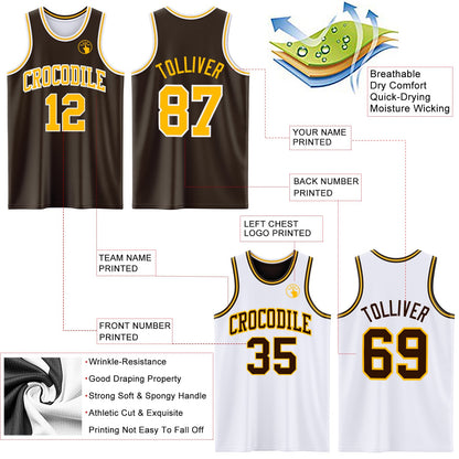 Custom Brown Gold-White Reversible Double Side Sublimation Basketball Set Jersey