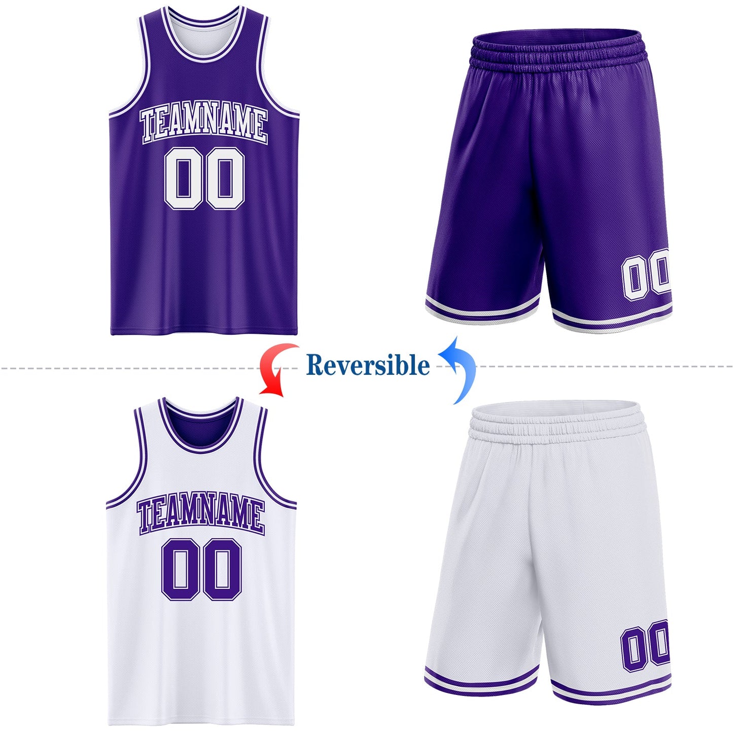 Custom Purple White Reversible Double Side Sublimation Basketball Set Jersey