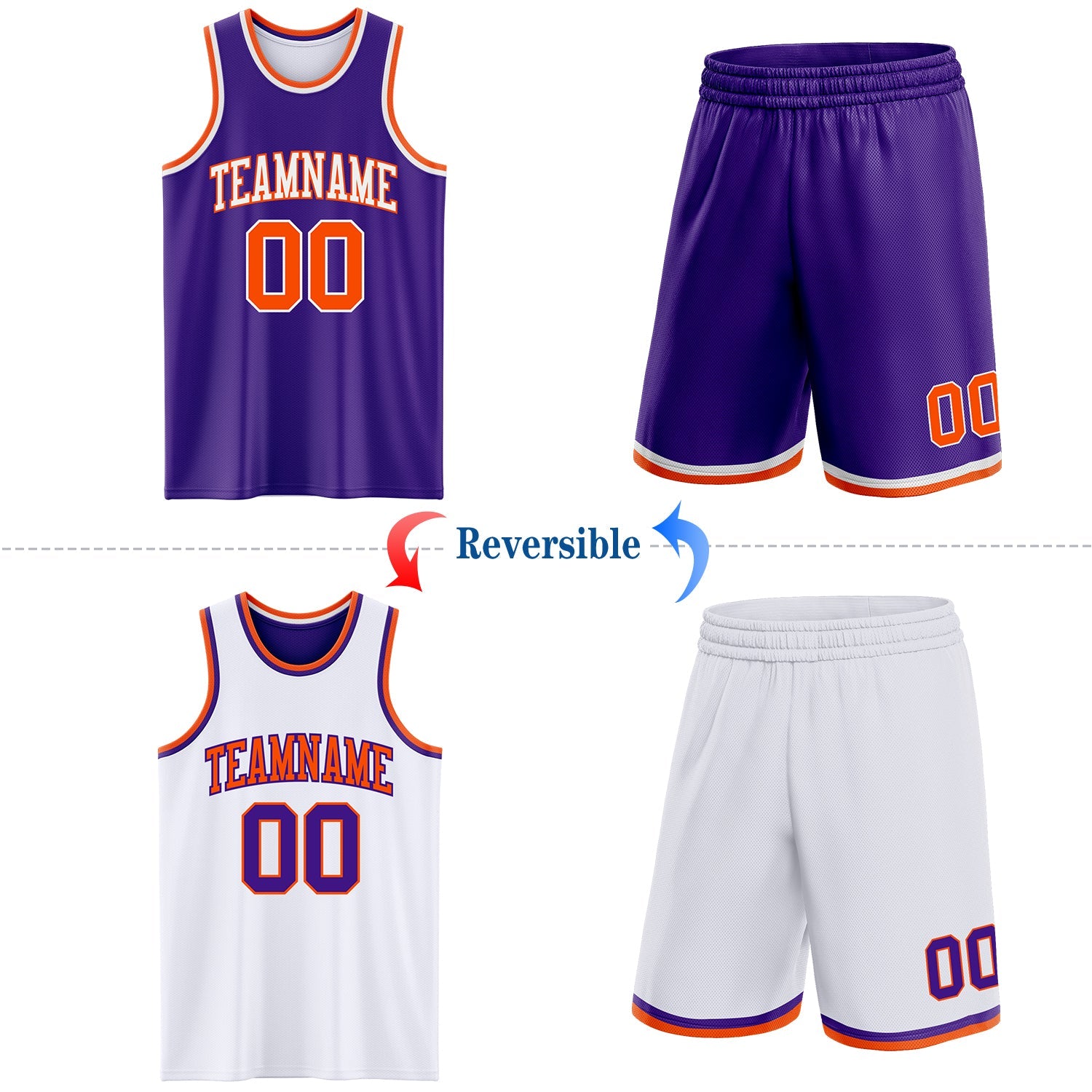 Custom Purple Orange-White Reversible Double Side Sublimation Basketball Set Jersey