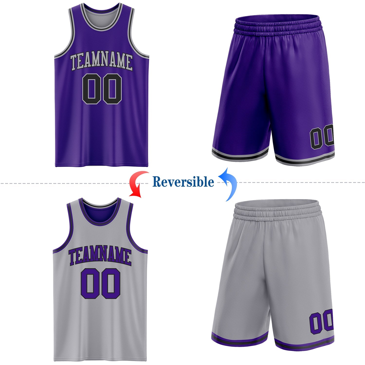 Custom Purple Black-Gray Reversible Double Side Sublimation Basketball Set Jersey