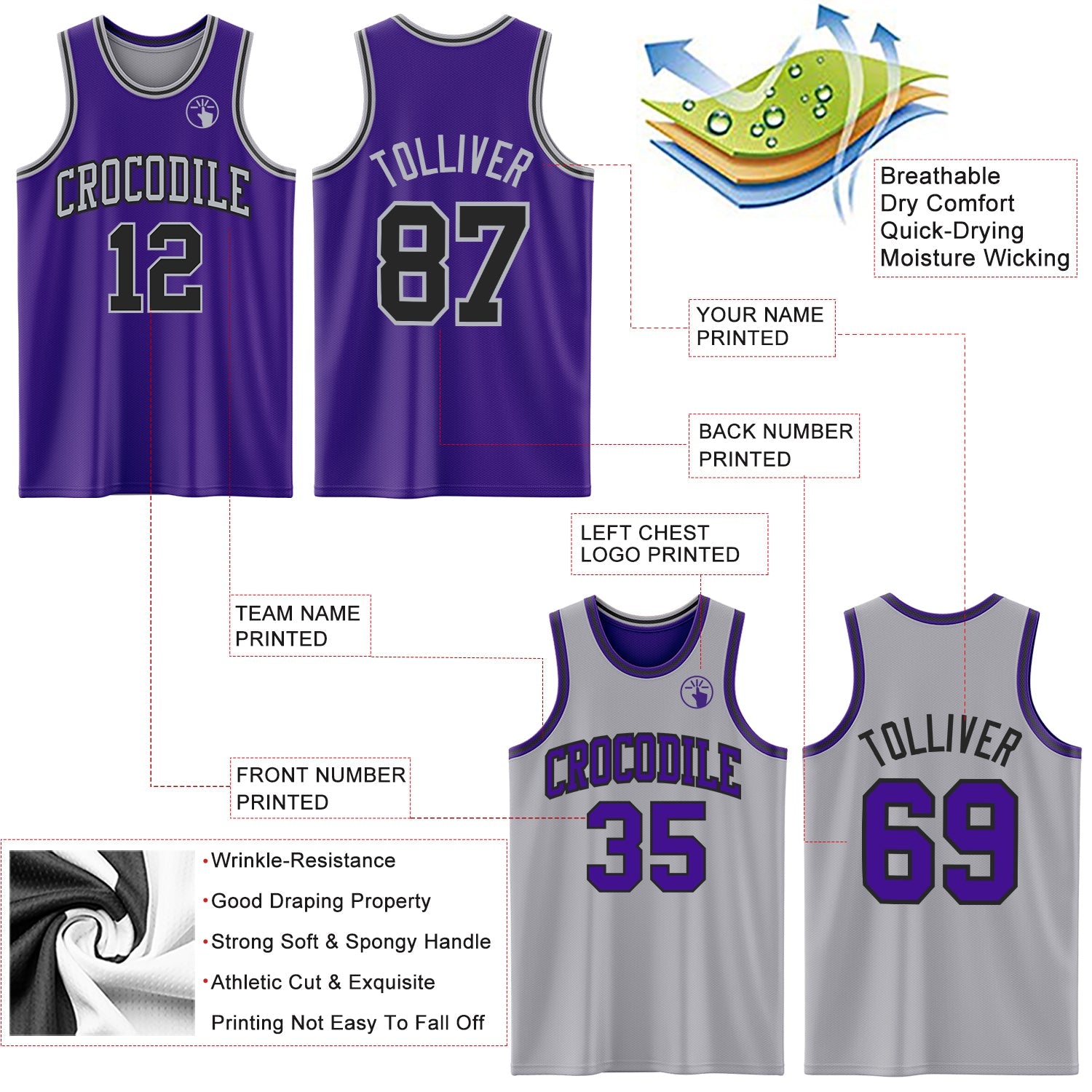 Custom Purple Black-Gray Reversible Double Side Sublimation Basketball Set Jersey