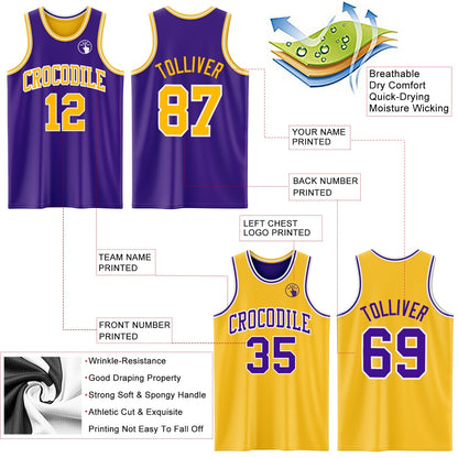 Custom Purple Gold-White Reversible Double Side Sublimation Basketball Set Jersey