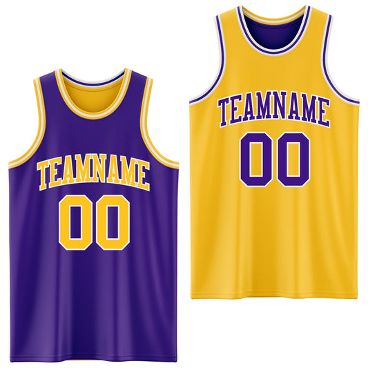 Custom Purple Gold-White Reversible Double Side Sublimation Basketball Set Jersey