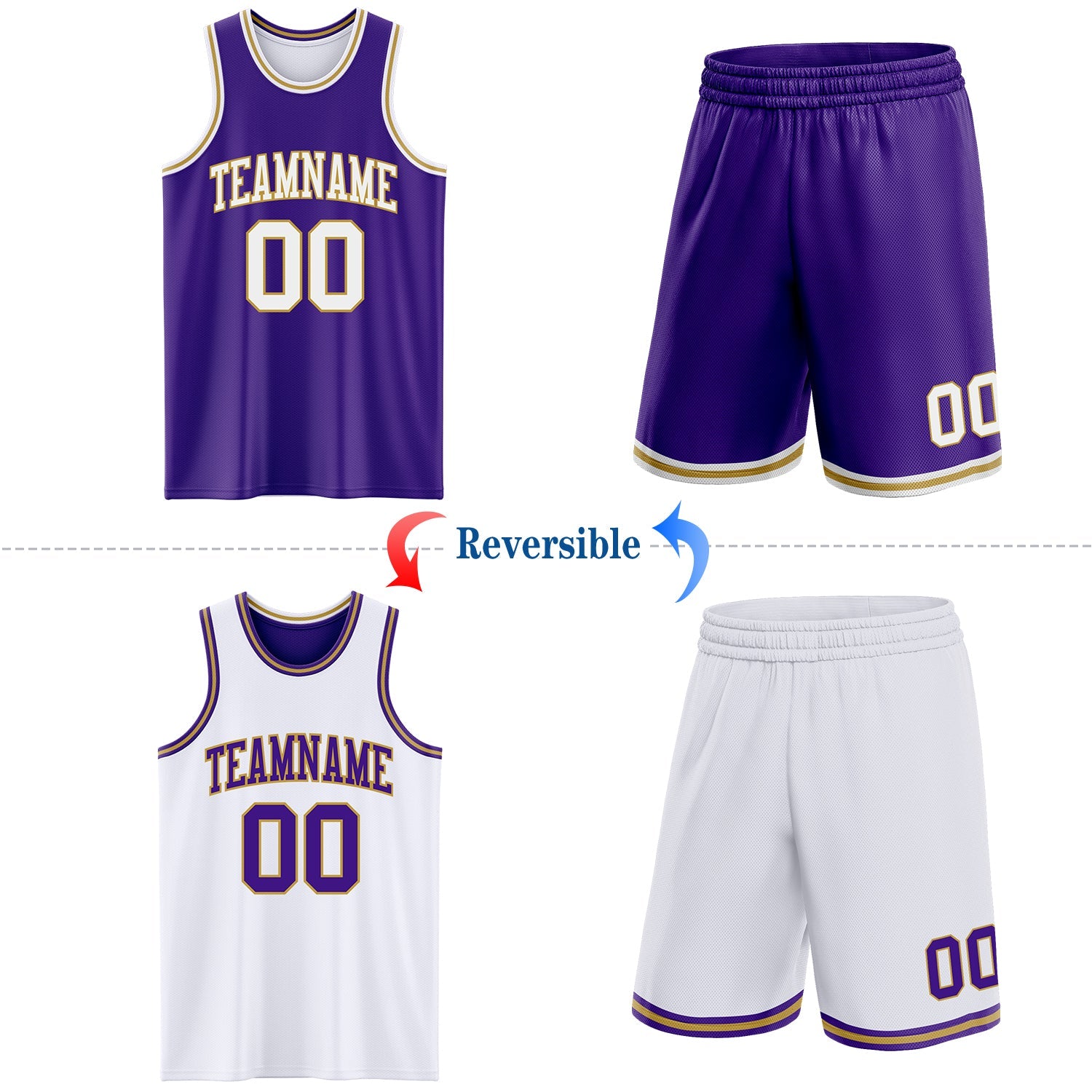 Custom Purple White-Old Gold Reversible Double Side Sublimation Basketball Set Jersey
