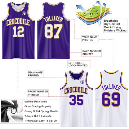Custom Purple White-Old Gold Reversible Double Side Sublimation Basketball Set Jersey